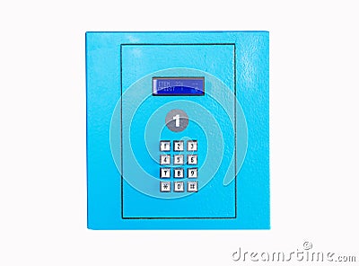 Vending hand pushing button alphabet, numbers, arrows and hashtag on vending machine operation panel keyboard blue. Stock Photo