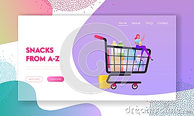 Vending Machine Landing Page Template. Tiny Female Character Sit on Huge Shopping Trolley with Purchases Eating Chips Vector Illustration
