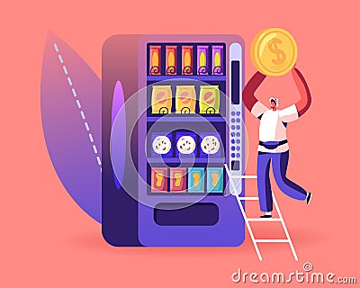 Vending Machine Food Concept. Man Put Coin for Buying Various Snacks, Drink Coffee, Crackers and Crisp from Automate Vector Illustration