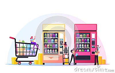 Vending Machine Concept. Tiny Characters Put Coins for Buying Various Snacks and Crisp from Huge Automate, Food Retail Vector Illustration