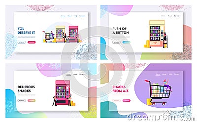 Vending Machine Food Landing Page Template Set. Tiny Characters Buying Snacks from Huge Automate, Retail Technology Vector Illustration