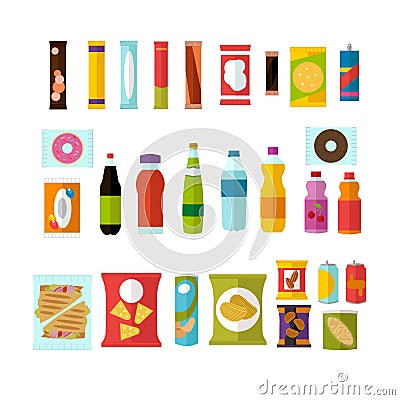Vending machine product items set. Vector illustration in flat style. Food and drinks design elements, icons Vector Illustration