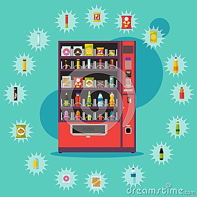 Vending machine with product items. Vector illustration in flat style. Vector Illustration