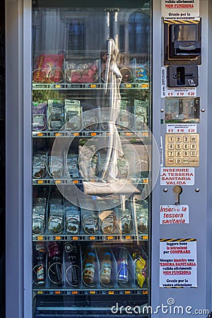 MESSINA, ITALY - NOVEMBER 06, 2018 - Vending machine selling snacks, drinks and weed in Sicily Editorial Stock Photo