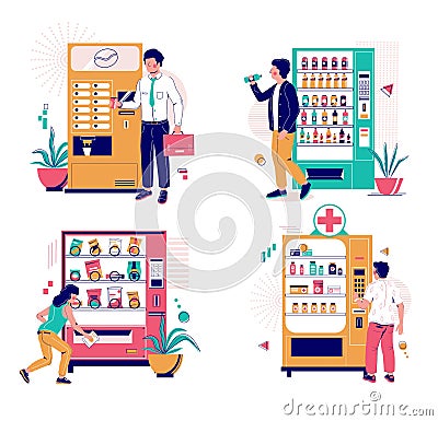 Vending machine set with characters, vector isolated illustration Vector Illustration