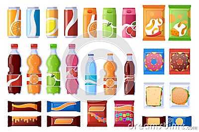 Vending machine snack. Beverages, sweets and wrapper snack, soda, water. Vending products, machine bar snacks vector Vector Illustration