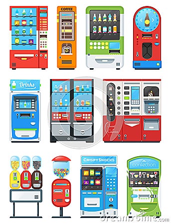 Vending machine vector vend food or beverages with candies and vendor machinery technology to buy snack or drinks Vector Illustration