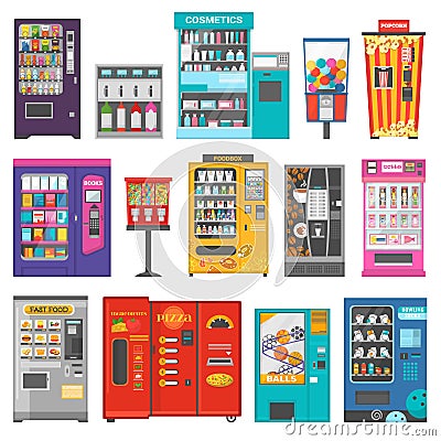 Vending machine vector vend food or beverages and vendor machinery technology to buy snack or drinks illustration set Vector Illustration