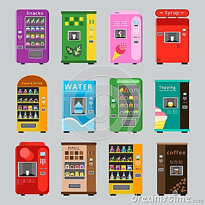 Vending machines collcetion. Merchandise concept with automatic selling various snacks water coffee and crisp food Vector Illustration