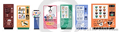 Vending machines. Electronic devices for sale of snacks and drinks. Automatic retail products. Gashapon toys. Fast food Vector Illustration