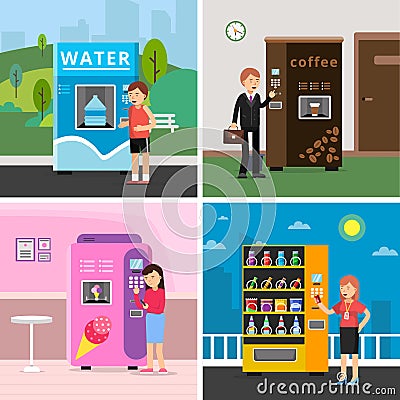 Vending machines food. People buying various snacks drink coffee crackers and crisp from automat vector concept pictures Vector Illustration