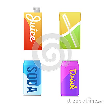 Vending products. Beverages package. Non-alcoholic drinks for automated machine. Refreshment water and juice bottles Vector Illustration