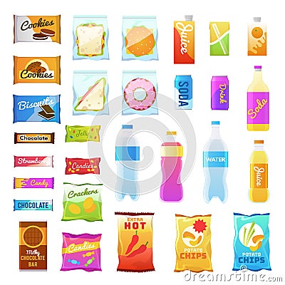 Vending products. Beverages and snack plastic package, fast food snack packs, biscuit sandwich. Drinks water juice flat Vector Illustration