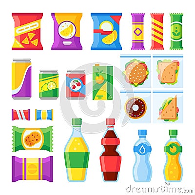 Vending products. Snacks, chips, sandwich and drinks for vendor machine bar. Cold beverages and snack in plastic package Vector Illustration