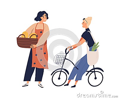 Vendor with fruit and vegetable basket talking with buyer on bicycle and selling organic farm goods. Local greengrocer Vector Illustration