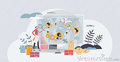 Vendor management and business supply chain planning tiny person concept Vector Illustration