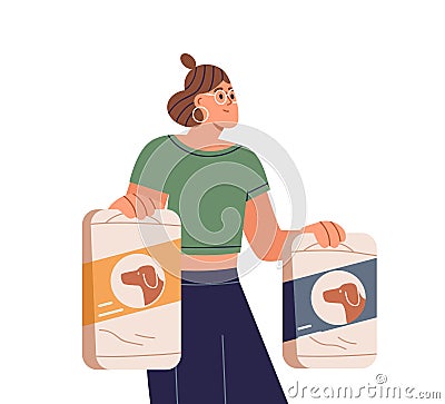 Vendor with pets feed in bags, holding packagings in hands. Woman seller with dogs goods. Person with canine products Vector Illustration