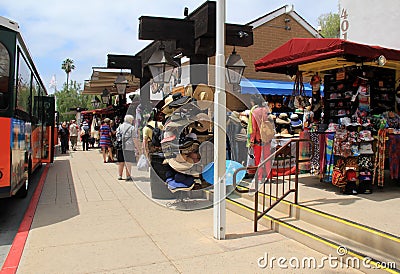 Vendors lined up along streets of Old Town, selling their wares from pop-up shops, California, 2016 Editorial Stock Photo