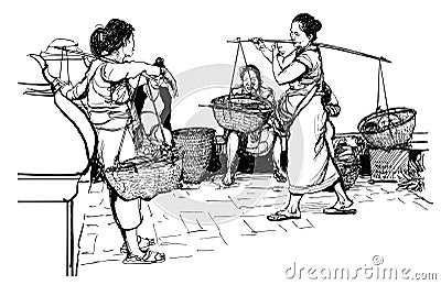 Vendors in a street market in laos Vector Illustration