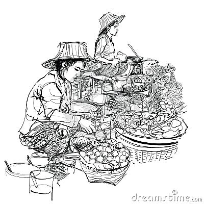 Vendors in a street market in Thailand Vector Illustration