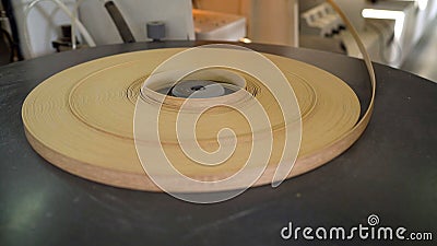 Furniture edge in furniture production. Veneered furniture edge in a roll on the machine. Stock Photo