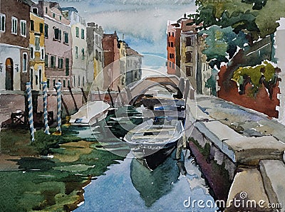 Venetian canal with parked to pavement boats architecture watercolor landscape original illustration Cartoon Illustration