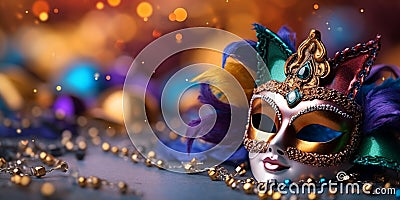 Venetian carnival mask and beads decoration. Mardi gras background Stock Photo