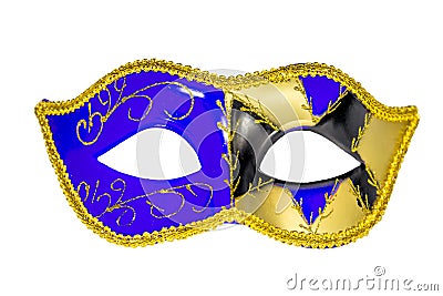 Venetian Carnival Mask blue yellow black patterned asymmetrical Stock Photo