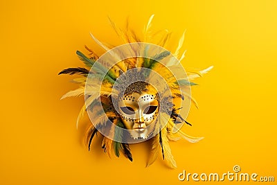 Venetian carnival yellow mask with feathers on bright yellow background. Masquerade mardi gras concept. banner, greeting card Stock Photo