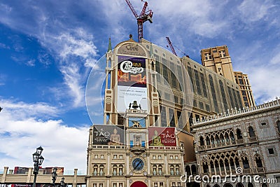 The Venetian hotel and resort with digital billboards, blue sky and clouds in Las Vegas Nevada Editorial Stock Photo