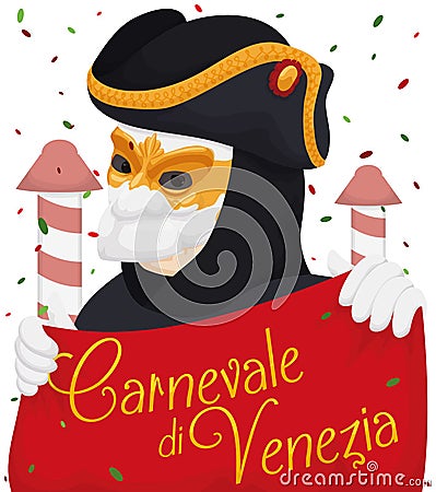 Venetian Man Wearing a Bauta Mask Enjoying the Carnival, Vector Illustration Vector Illustration