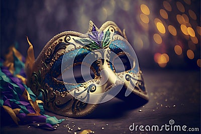 Venetian mask on dark bokeh background. Generative Ai Cartoon Illustration