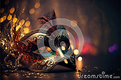 Venetian mask on dark bokeh background. Generative Ai Cartoon Illustration
