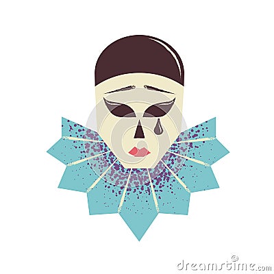 Venetian pierrot mask. Crying sad clown. Harlequin masquerade costume. Vector Illustration