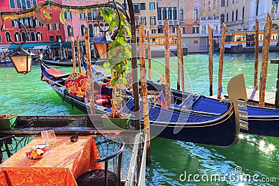 Venetian restaurant terrace near Rialto Bridge Editorial Stock Photo