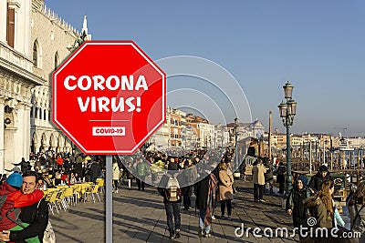 Venezia shutdown for coronavirus. The gondola is closed do to Covid-19 outbreak. People walking in the plaza. Editorial Stock Photo