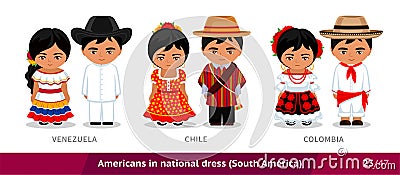 Venezuela, Chile, Colombia. Men and women in national dress. Set of latin americans wearing ethnic clothing. Vector Illustration