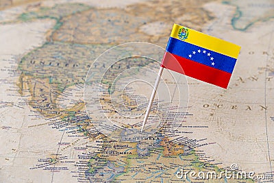 Venezuela flag pin on map Stock Photo