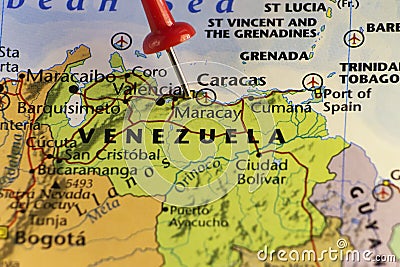 Venezuela map, red pin on Caracas Stock Photo