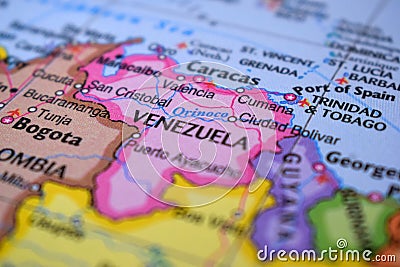 Venezuela Travel Concept Country Name On The Political World Map Very Macro Close-Up View Stock Photo