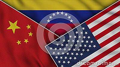 Venezuela United States of America China Flags Together Fabric Texture Effect Illustrations Stock Photo