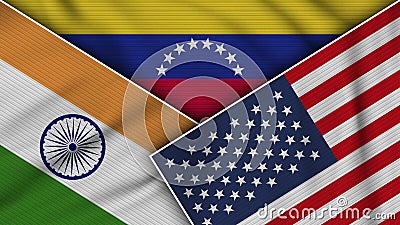 Venezuela United States of America India Flags Together Fabric Texture Illustration Stock Photo