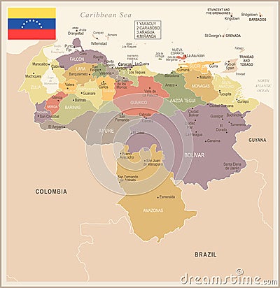 Venezuela - vintage map and flag - Detailed Vector Illustration Stock Photo