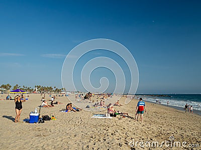 Venice Beach promenade, ocean walk, sunset, Los Angels, California, USA people gathering for music Editorial Stock Photo