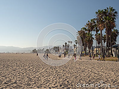 Venice Beach promenade, ocean walk, sunset, Los Angels, California, USA people gathering for music Editorial Stock Photo