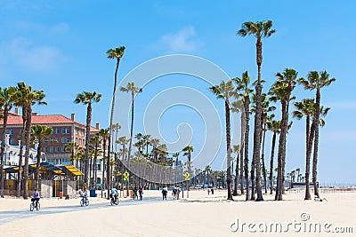 VENICE BEACH, UNITED STATES - MAY 14, 2016: People enjoying a sunny day on the beach of Venice, Los Angeles, California, USA Editorial Stock Photo