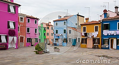 Burano: the small yard with bright walls of houses Editorial Stock Photo