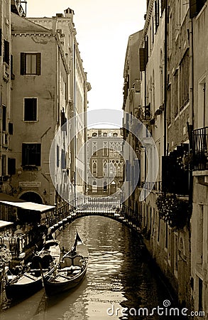 Venice Canal, Iron Bridge, Gondolas, Cafe Restaurant Terrace - Sepia Editorial Stock Photo