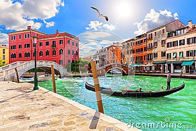 Venice canals, gondola and medieval bridges, beautiful view of Italy Editorial Stock Photo