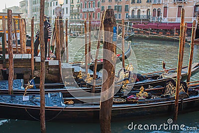 Venice City of Italy.view on parked gondolas, famous Venetian transport Editorial Stock Photo